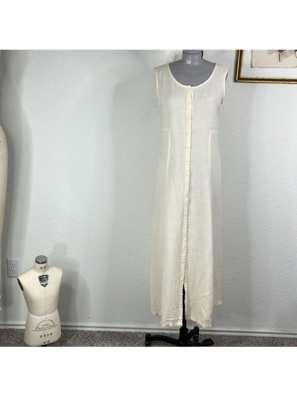 Eileen Fisher Linen Tie Back Perforated Button Sleeveless Dress